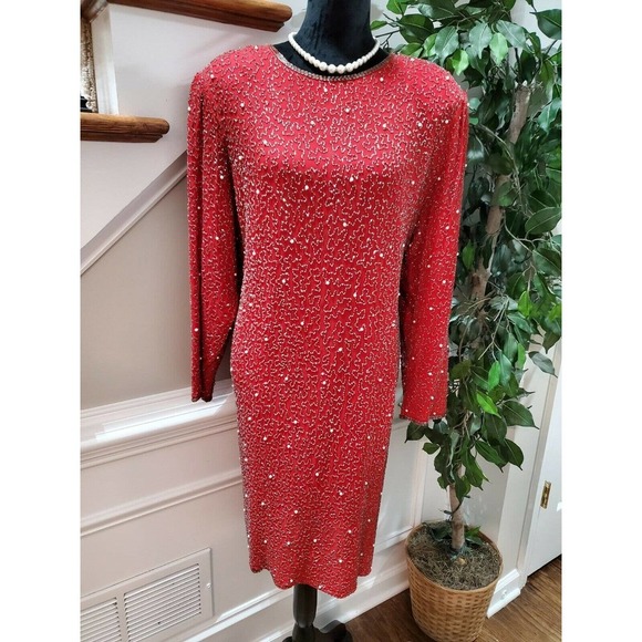 Vintage Jakelin Red 100% Rayon Long Sleeve Round Neck Knee Length Dress Size 10 - Picture 1 of 13